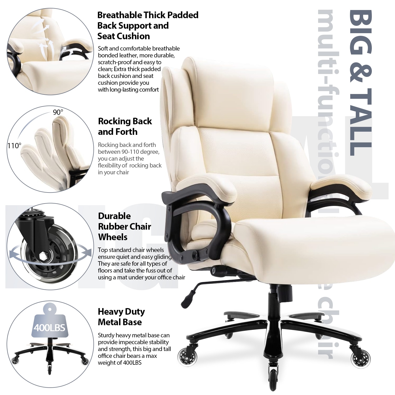 Big And Tall 400lbs Office Chair - Adjustable Lumbar Support Heavy Duty Metal Base Quiet Rubber Wheels High Back Large Executive Computer Desk Swivel Chair, Ergonomic Design For Back Pain, Beige_voghion.com